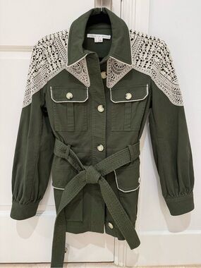 Veronica Beard Olive Utility Jacket with Cream Crochet Yoke